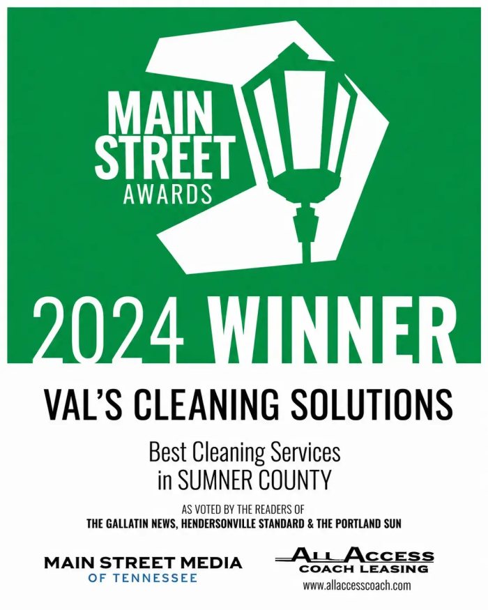 Val's Cleaning Solutions Main Street Award: 2024 Winner – Best Cleaning Services in Sumner County.