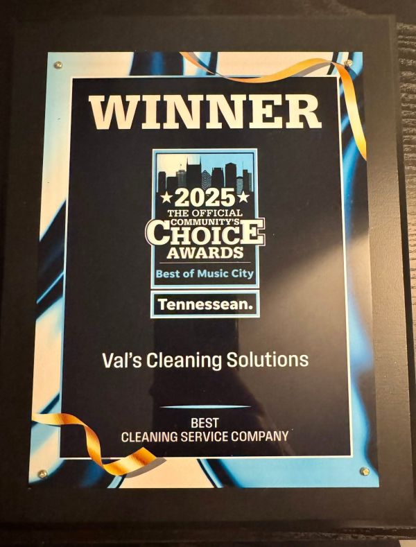 Val's Cleaning Solutions 2025 Best of Music City Community's Choice Award plaque from The Tennessean.